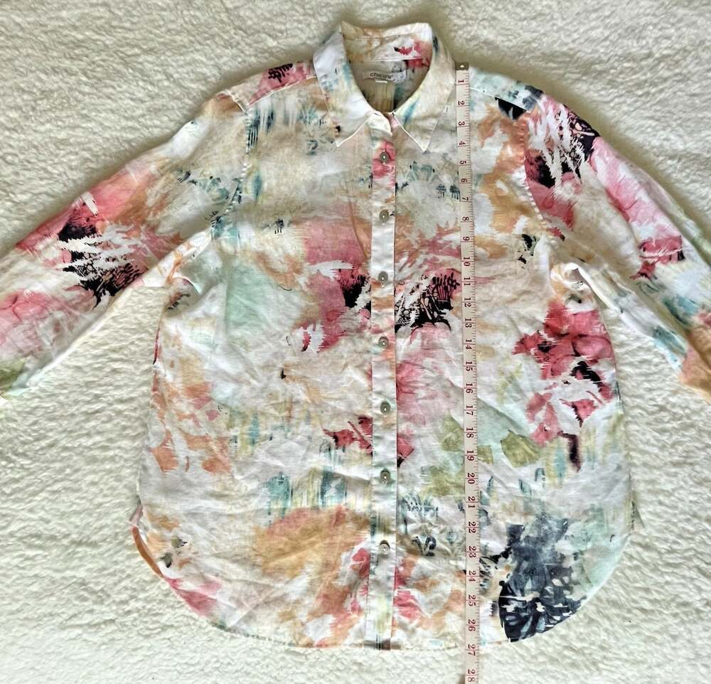 Chicos 1 Womens 8/M Linen Watercolor Art Button Shirt 3/4 Sleeve Resort Coastal - Picture 8 of 16